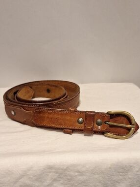 Tan Brown Leather Belt with Black Label And Brass Buckle Size 40